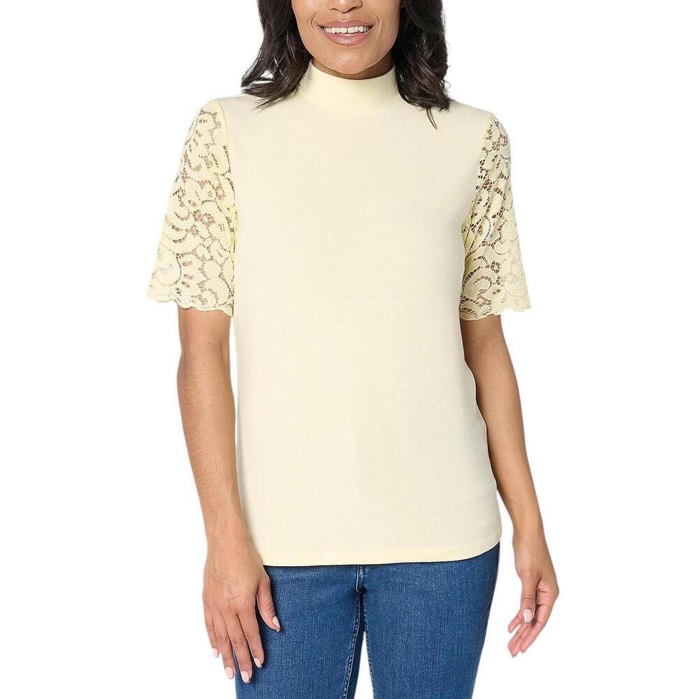 BEAUTIFUL by Lawrence Zarian Lace Sleeve Turtleneck Top Pale Yellow - Regular